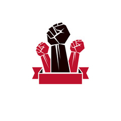 Vector symbol made with raised arm of a muscular male. Power and authority conceptual logo.