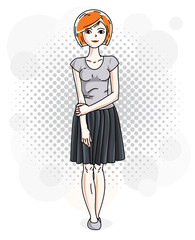 Happy pretty young redhead woman standing on modern background with bubbles and wearing casual clothes. Vector character.