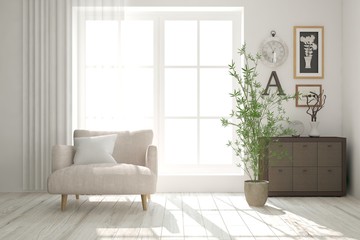 Inspiration of white minimalist room with armchair. Scandinavian interior design. 3D illustration