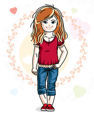 Little redhead cute child in wearing different casual clothes and standing on colorful backdrop with hearts. Vector illustration of nice girl.