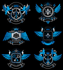 Set of vector retro vintage insignias created with design elements like medieval castles, armory, wild animals, imperial crowns. Collection of coat of arms.