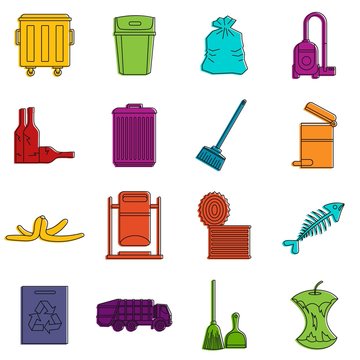 Garbage thing icons doodle set