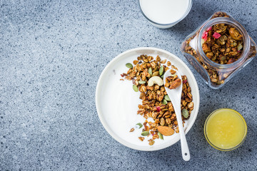 Honey cococnut granola yogurt bowl on dark concrete background. Top view, space for text.