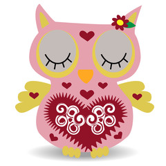 Nice pink smiling owl with a lilac flower on the ear and ornament on the heart and wings