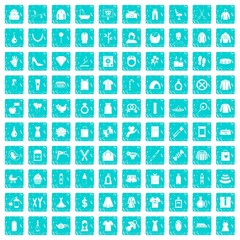 100 woman icons set grunge blue