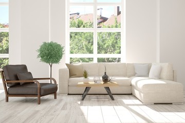 Idea of white room with sofa and summer landscape in window. Scandinavian interior design. 3D illustration