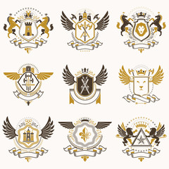 Fototapeta na wymiar Vector vintage heraldic Coat of Arms designed in award style. Medieval towers, armory, royal crowns, stars and other graphic design elements collection.