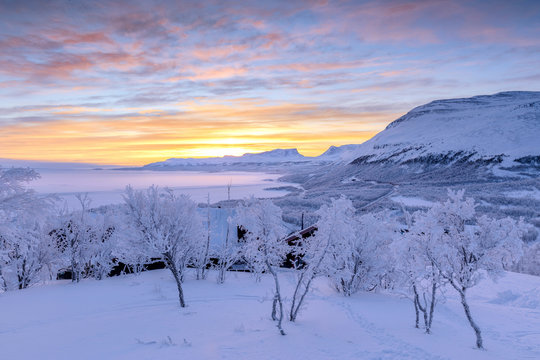 Colorful sky at sunrise, Bjorkliden, Abisko, Kiruna Municipality, Norrbotten County, Lapland, Sweden