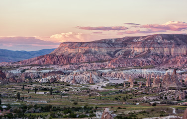 Colourful mountains at sunset in Cappadocia, Turkey.