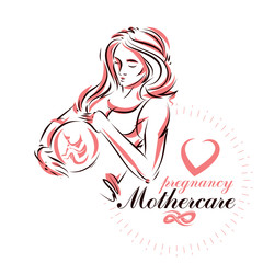 Elegant pregnant woman body silhouette drawing. Vector illustration of mother-to-be fondles her belly. Prenatal center and motherhood preparing clinic promotion flyer