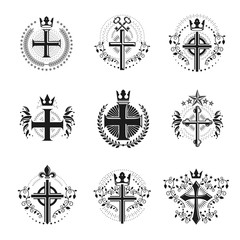 Christian Crosses emblems set. Heraldic Coat of Arms decorative logos isolated vector illustrations collection.