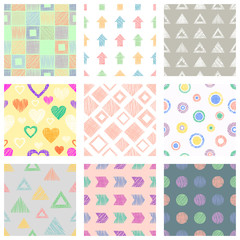 Set of seamless vector geometrical patterns with different geometric figures, forms. pastel endless background with hand drawn textured geometric figures. Graphic vector illustration