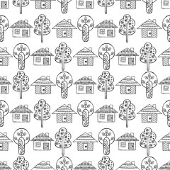 Vector hand drawn seamless pattern Decorative stylized childish trees, house Doodle style, tribal graphic illustration Ornamental cute hand drawing Series of doodle, cartoon sketch seamless patterns