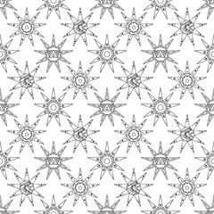 Vector seamless hand drawn pattern, decorative stylized vintage childish tribal sun with lights. Doodle style, tribal graphic illustration Line drawing. Series of doodle, cartoon, sketch illustrations