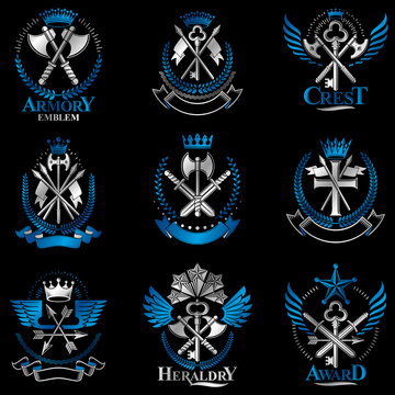 Vintage Weapon Emblems set. Heraldic Coat of Arms, vintage vector emblems collection.