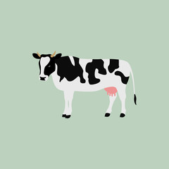 Vector flat style illustration of cow. Isolated on green background. Icon for web.