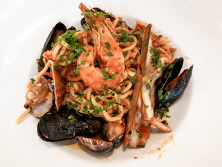 Pasta with Shrimp Dinner Dish on a the table