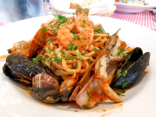 Pasta with Shrimp Dinner Dish on a the table
