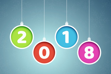 Colorful banner 2018 year. Multicolored christmas balls. Paper clippings. Abstract New Year banners. Snowflakes on a blue background. Vector