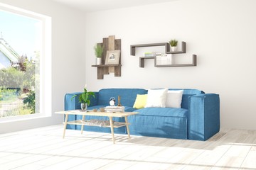 Idea of white room with sofa and summer landscape in window. Scandinavian interior design. 3D illustration