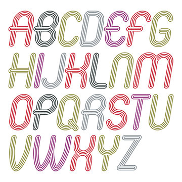Set of disco vector upper case alphabet letters isolated. Trendy cursive rounded font, script from a to z can be used in poster creation. Made with geometric parallel triple lines.