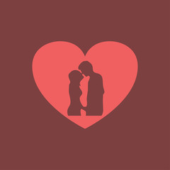 Romantic Valentine lovers silhouette on heart background postcard