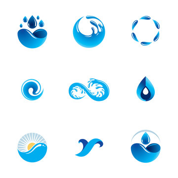 Sea wave splash vector logo. Pure water as the driving force for human activity theme. Environment protection concept.