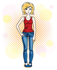 Attractive young blonde woman standing on colorful background with bubbles and wearing casual clothes. Vector human illustration.