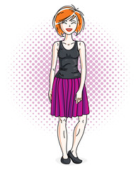 Attractive redhead woman posing on decorative backdrop with bubbles and circles and wearing casual clothes. Vector nice lady illustration.