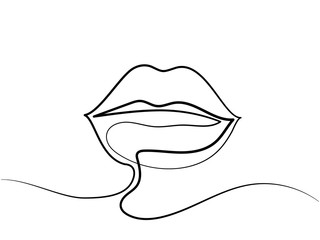 Continuous line drawing. Beautiful Woman s lips logo. Black and white isolated outline vector illustration. Concept for logo, card, banner, poster, flyer