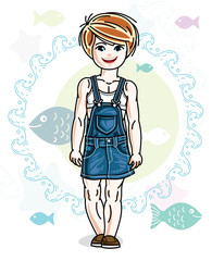 Happy little red-haired girl posing on marine background with fishes and wearing fashionable casual clothes. Vector character.