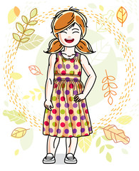 Cute little red-haired girl standing on background of autumn landscape and wearing stylish casual clothes. Vector human illustration.