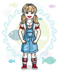 Little blonde girl cute child toddler in casual clothes standing on marine backdrop with ocean and fishes. Vector pretty human illustration.