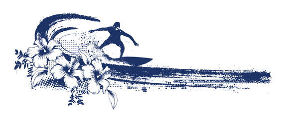 grunge surf scene with surfer and hibiscus - obrazy, fototapety, plakaty