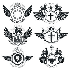 Heraldic emblems isolated vector illustrations. Collection of symbols in vintage style.