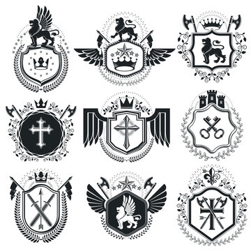 Vintage vector design elements. Retro style labels, heraldry. Classy high quality symbolic illustrations collection, vector set.