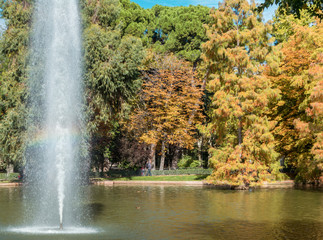 paisaje otoñal con arco iris en parque retiro Madrid