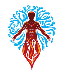 Vector illustration of human being standing, mythic ancient god. Prometheus surrounded by a water ball, water and fire diversity and harmony.