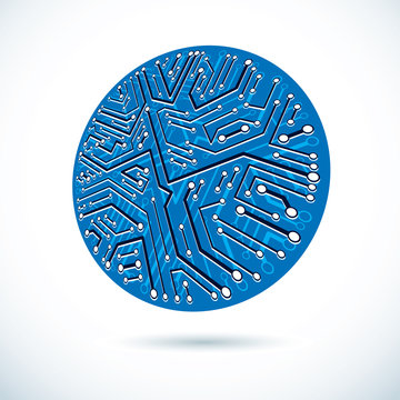 Vector microchip design, cpu. Information communication technology element, circuit board in round shape.