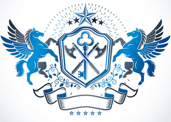 Vintage decorative emblem composition created using graceful Pegasus, pentagonal stars and hatchets, heraldic vector.