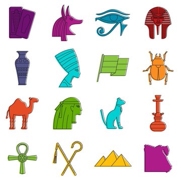 Egypt travel items icons doodle set
