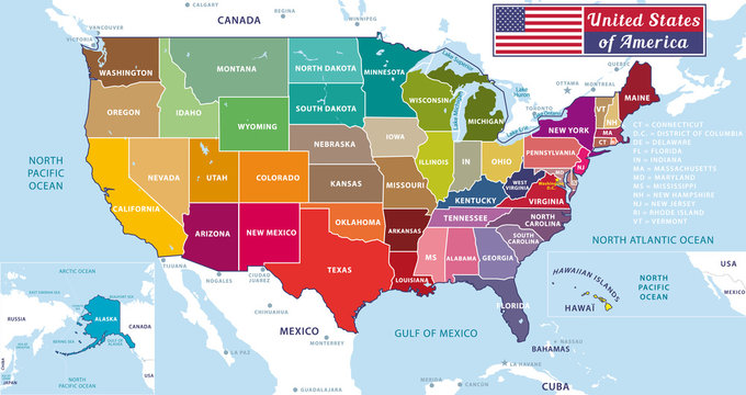 United States of America. Beautiful modern graphic USA map with oceans and lakes. 50 States. Alaska and Hawaï.