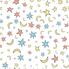 Stars and moons seamless pattern. Cartoon style. White background. Patch for wrap, print, wallpaper, textile. Elements for decoration.