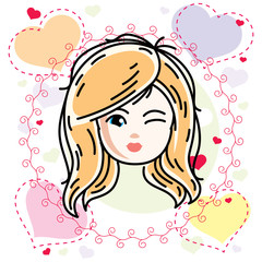 Vector illustration of beautiful blonde happy girl face, positive face features, clipart. Teenager winking.