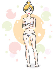 Beautiful young blonde woman standing in white bra and panties on colorful background with bubbles. Vector human illustration.