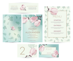 Wedding invitation with flowers of magnolia. A set for a wedding invitation, a template menu design, guest cards and boarding cards. Vector illustration.