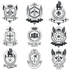 Heraldic signs vector vintage elements. Collection of symbols in vintage style.