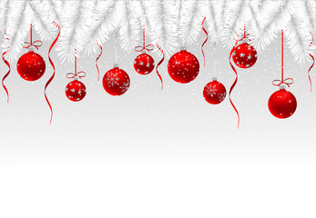 Christmas card with red balls and snow - obrazy, fototapety, plakaty