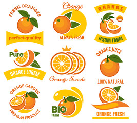 Orange slice products emblems. Cartoon dessert oranges with green leaves fruits graphic logo set isolated on white background