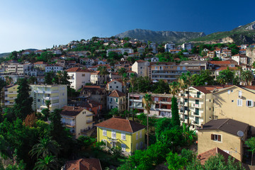 Obraz premium A top view to Herceg Novi, a famous coastal town in Montenegro located at the entrance to the Bay of Kotor